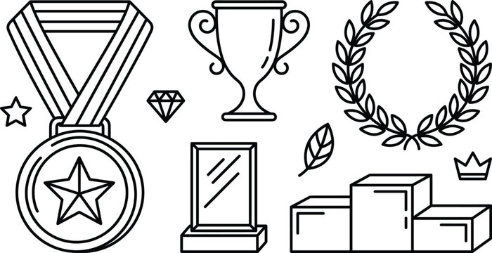 Award and achievement line art elements set with medal trophy laurel wreath podium and plaque vector illustration