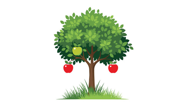 Charming illustration of a lush green apple tree featuring ripe red and green apples hanging from its branches above a small patch of grass.