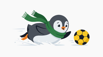 Naklejka premium Cute cartoon penguin wearing a yellow scarf playing with a soccer ball on ice Pet in the 2026 soccer world championship