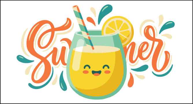 Vibrant summer drink with smiling face and colorful straw