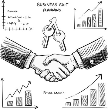 Black and white sketch doodle of a business exit planning concept with handshake and keys isolated on transparent background