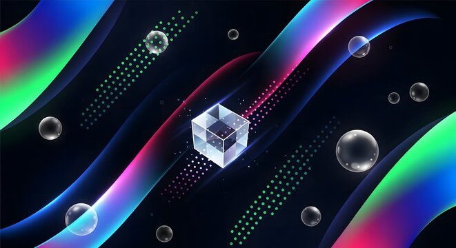 Neon lit abstract background with glowing cube and orbs