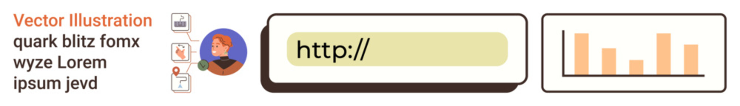 Web development, digital tools, data visualization, technology interface, user profile, information management. URL bar with avatar icon and bar chart. Web development and digital tools concept