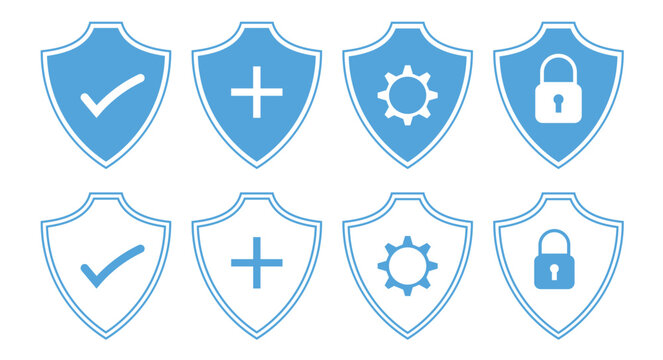 Security shield icon set. Shields logotypes with check mark and padlock. Vector illustration featuring protection symbols, user safety, verified access.