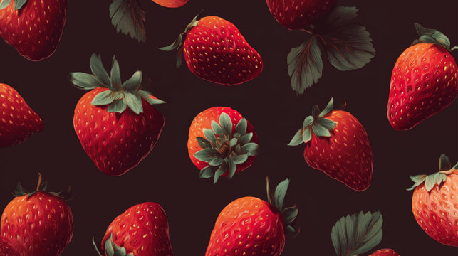 Elegant vintage strawberry seamless pattern with butterflies on dark background, ideal for textile, packaging, wallpaper, and kitchen decor.