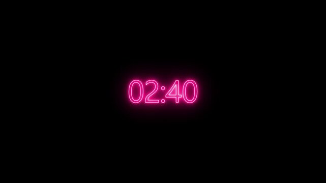 Neon pink digital countdown timer displaying decreasing minutes and seconds on black background.