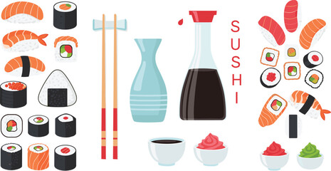 Sushi and Japanese Food Collection Vector Illustration with Nigiri, Maki Rolls, Soy Sauce, Chopsticks, and Asian Cuisine Elements © MstBobita