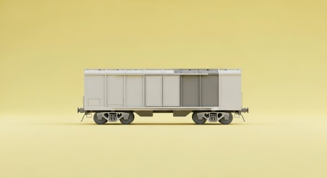 Side view of grey model cargo train wagon on plain yellow background