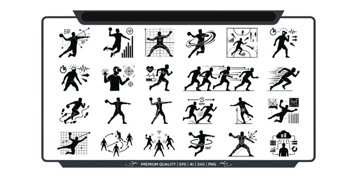 Handball training and team sports vector icons set featuring player silhouettes throwing actions tactical match gameplay and athletic biometrics telemetry data illustrations.