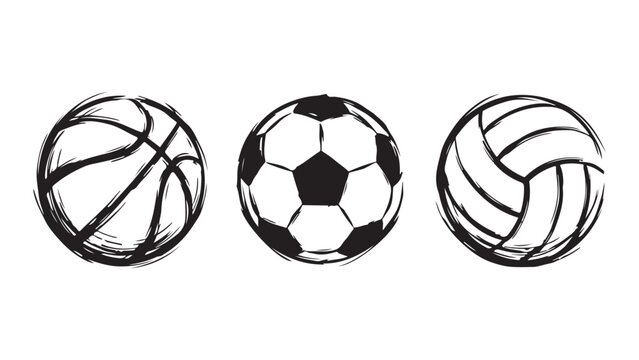 Hand drawn sketch of basketball soccer and volleyball