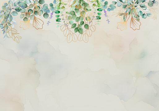 Fondo bot&aacute;nico de eucalipto en acuarela con ramas de l&iacute;neas doradas y flores silvestres sobre fondo de papel texturizado.