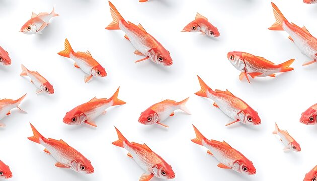 Seamless pattern of pixelated koi fish, orange and white, scattered on a white background, a vibrant aquatic design element