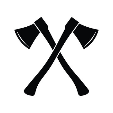 Two crossed axes depicted in simple black and white graphic illustration, double axe medieval icon silhouette vector graphic pictogram symbol clip art, crossed battleaxe with spike flat icon for games