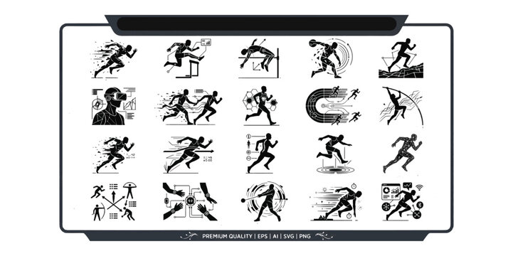 Track and field athletics vector icons set featuring running sprinters  high jump hurdles pole vault discus throw and advanced sports telemetry data analytics.