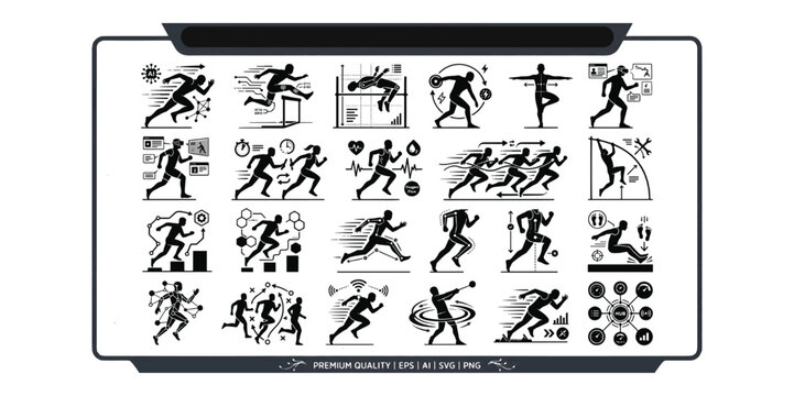 Track and field athletics vector icons set featuring running sprinters high jump hurdles pole vault shot put and professional sports telemetry data analytics.