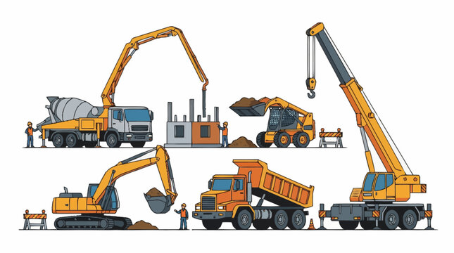 Construction vehicles and workers on a white background.