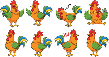 Cute Cartoon Rooster Character Vector Set Featuring Colorful Orange Cocks in Diverse Poses Including Sleeping, Greeting, and Sitting for Kids Layouts © Mostrenu