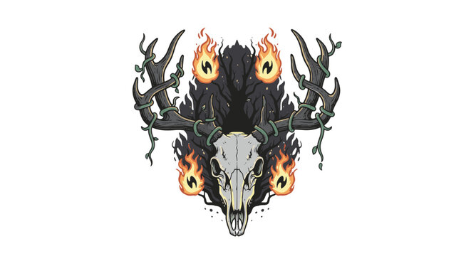 Dark fantasy illustration of a cursed deer skull spirit with intricate antlers, featuring ethereal smoke effects and mystical glowing highlights on a clean background.