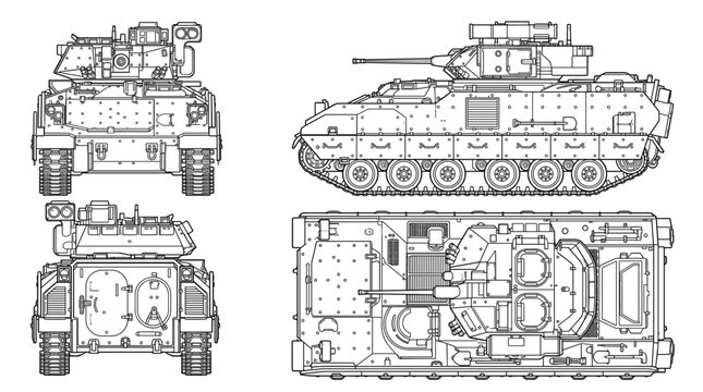 Infantry fighting vehicle technical drawing blueprint with front side back and top views CAD line art vector illustration