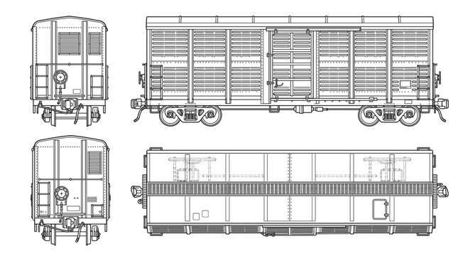 Livestock railcar transport vehicle technical drawing blueprint with front side back and top views CAD line art vector illustration