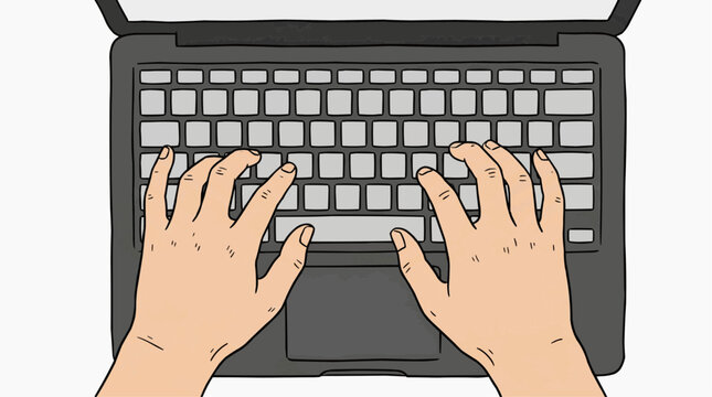 Top down overhead vector illustration of two human hands typing on a grey laptop keyboard with a black chassis and trackpad on white background