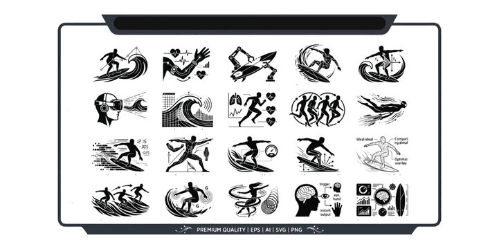 Surfing and water sports vector icons set featuring surfboard rider silhouettes ocean wave simulation virtual reality athletic training and biofeedback analytics illustrations.