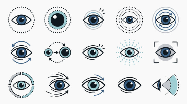 Vector icon set of human eye symbols focusing on vision biometrics data tracking optical scanning and ophthalmology diagnostic concepts on white background
