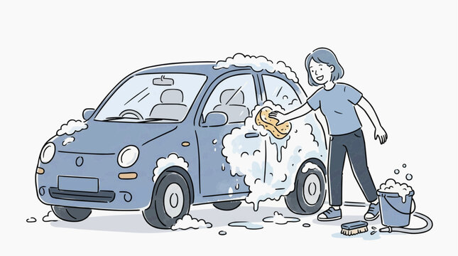 Woman washing a blue compact car with a soapy sponge and bucket of water on white background