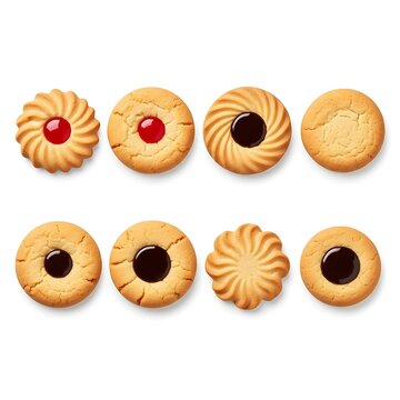 Assorted Golden Butter Cookies Arranged in Neat Rows on White Background