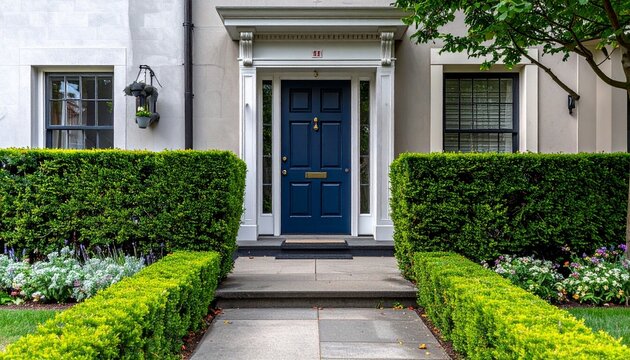Elegant Gray House with Blue Door and Symmetrical Garden Design