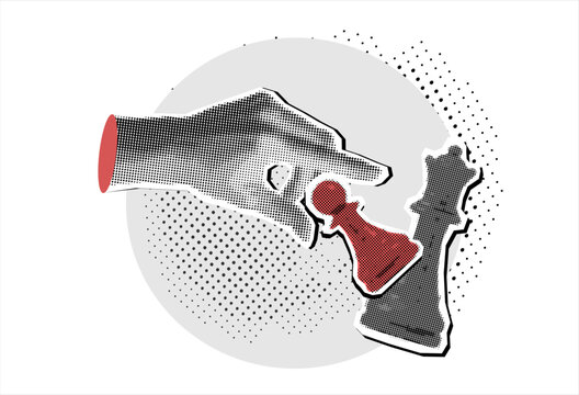 Trendy Halftone Collage hand holding the figure of a chess piece and knocking out the queen. Strategy business concept and checkmate game. vector illustration