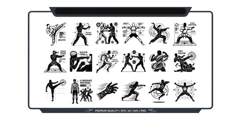 Traditional martial arts and karate vector icons set featuring combat training stances kinetic energy analytics telemetry data tracking and fighter defensive silhouettes. © Sabina
