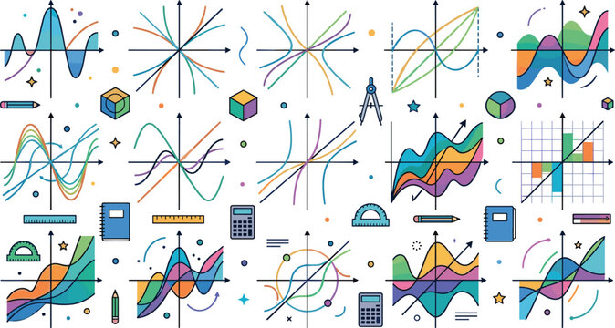Mathematics Graph and Function Collection Vector Illustration with Algebra Charts, Coordinate Systems, Statistics, and Analytical Data Design Elements