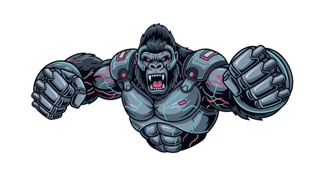 Cybernetic gorilla king mascot vector illustration featuring a powerful silverback ape with futuristic mechanical armor, a regal crown, and glowing bionic enhancements.