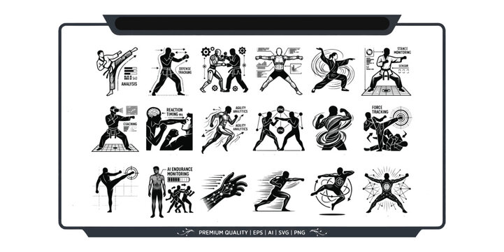 Traditional martial arts and karate vector icons set featuring combat training stances kinetic energy analytics telemetry data tracking and fighter defensive silhouettes.