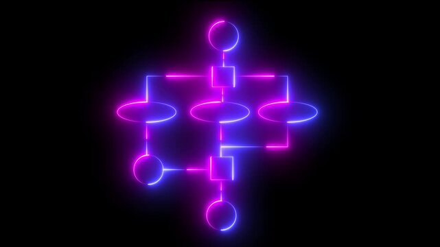 Neon glowing flowchart diagram animation, digital process workflow infographic on black background