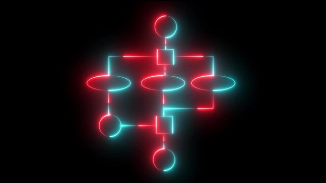 Neon flowchart diagram animation with glowing red and blue data connections on black background infographic