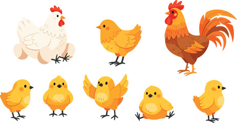 Cute Watercolor Chicken Family Vector Set Featuring White Hen Brown Rooster and Yellow Baby Chicks for Farm Animal Graphic Layouts © Fahim