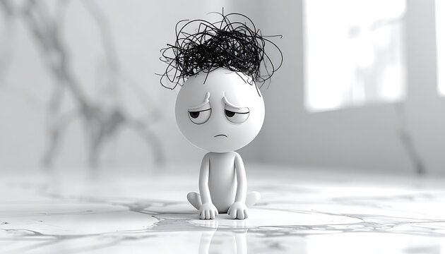 Sad, dejected stick figure character sitting on a wet floor with messy hair, conveying despair and loneliness, black and white abstract mood