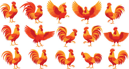 Flat Colorful Rooster Vector Character Set Featuring Red and Orange Cocks in Various Poses Like Standing, Pecking, Crowing, and Flapping Wings © Fahim