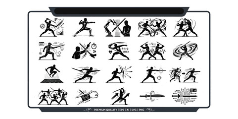 Martial arts and sword fighting vector icons set featuring combat training tactical swordplay ninja stick defense and cybernetic weapon simulation silhouettes. © Sabina