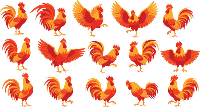 Flat Colorful Rooster Vector Character Set Featuring Red and Orange Cocks in Various Poses Like Standing, Pecking, Crowing, and Flapping Wings