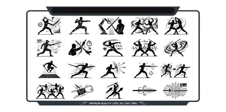 Martial arts and sword fighting vector icons set featuring combat training tactical swordplay ninja stick defense and cybernetic weapon simulation silhouettes.