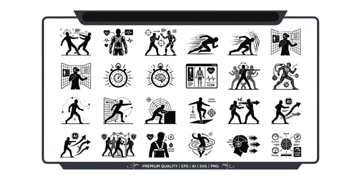 Human performance and cognitive training vector icons set featuring virtual reality sports reflex testing biofeedback analytics and mental focus illustrations
