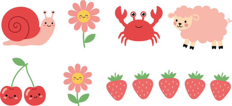 Cute cartoon pink and red collection featuring snail flower crab sheep cherry and strawberry isolated on white background vector illustration