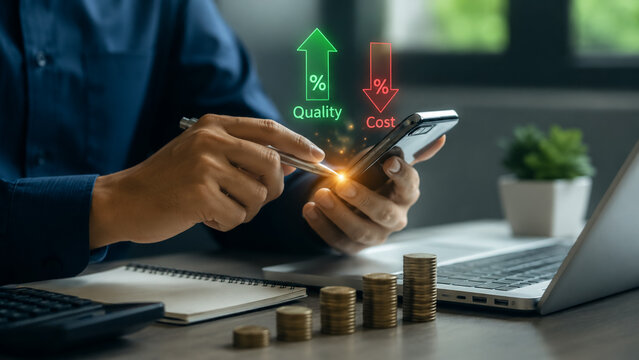 A business professional optimizing corporate budget and efficiency by increasing quality while reducing costs.