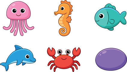 Cute cartoon ocean animals set featuring jellyfish seahorse fish dolphin crab and shell adorable colorful sea creatures perfect for kids vector illustration © Rejaul