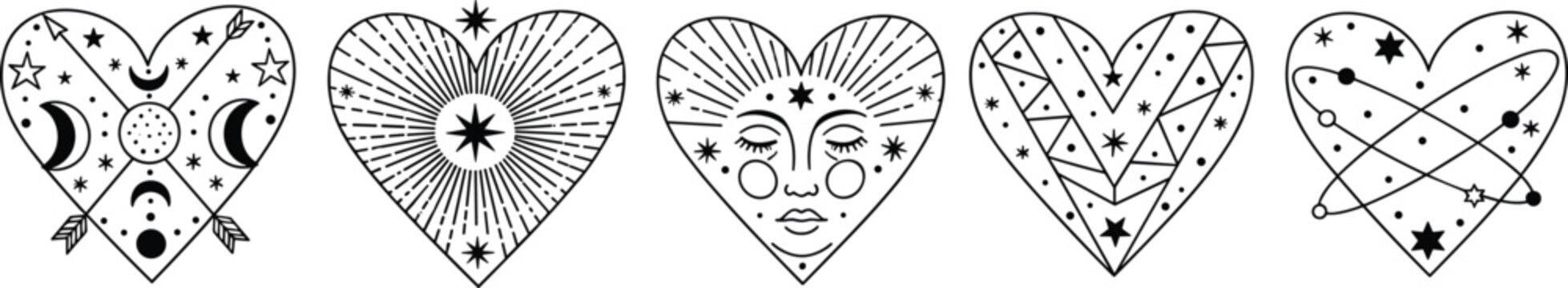 Mystic Celestial Heart Vector Icon Set Featuring Black Line Art Symbols of Sun Moon Face Stars and Constellations for Esoteric Tarot Design