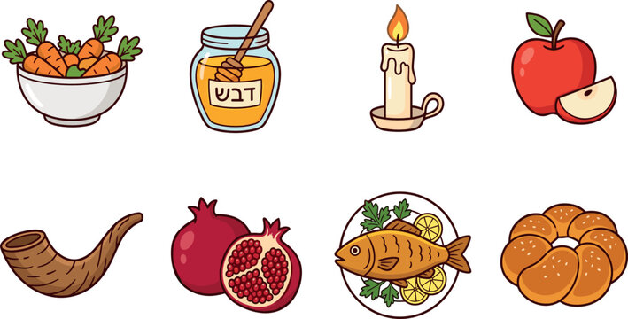 Cute Cartoon Rosh Hashanah Jewish New Year Celebration Icon Set with Traditional Food and Holiday Symbols on White Background