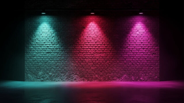Brick wall background illuminated by three spotlights casting cyan and magenta light beams onto a dark textured masonry surface with a reflective floor plane